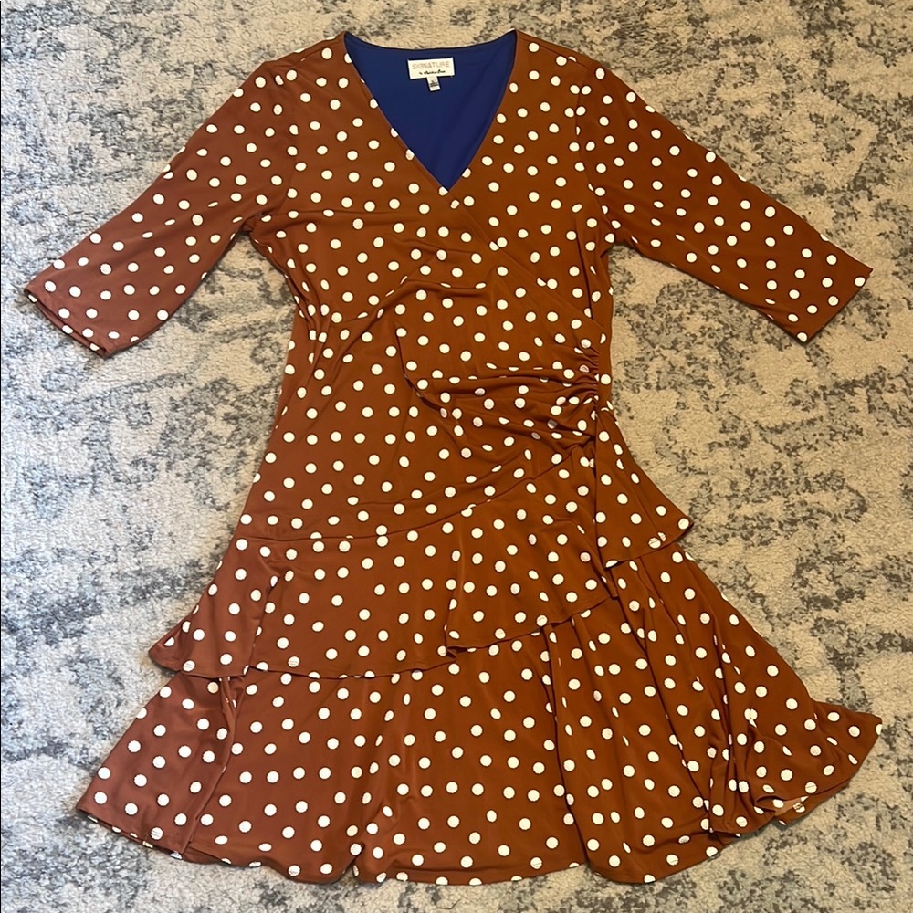 Signature by Robbie Bee tan polka dot faux wrap dress